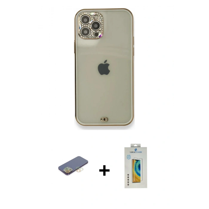 MARSİLYAN™- iPhone 12 Pro Kılıf Eksen Minimal Koleksiyonu - Siyah Polymer Nano Ekran Koruyucu + Renkli Kamera Lens Koruma Cam - SI