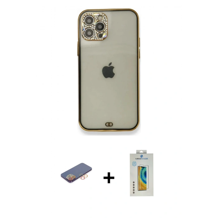 MARSİLYAN™- iPhone 12 Pro Kılıf Eksen Minimal Koleksiyonu - Siyah Polymer Nano Ekran Koruyucu + Renkli Kamera Lens Koruma Cam - TU