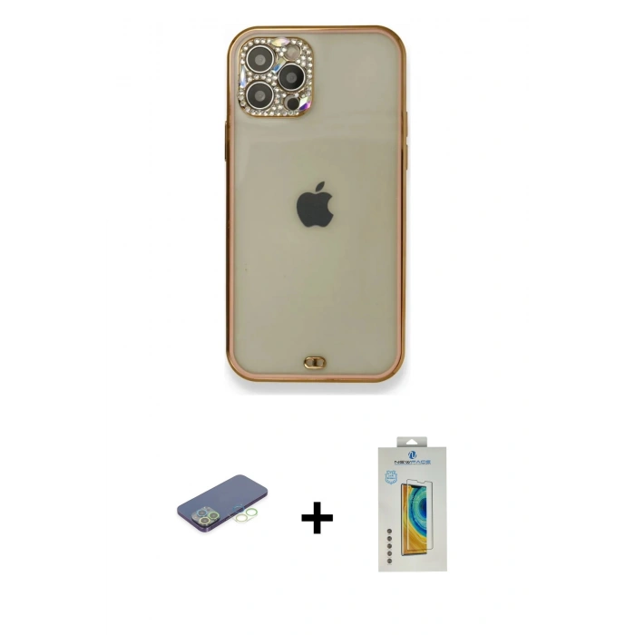 MARSİLYAN™- iPhone 12 Pro Kılıf Eksen Minimal Koleksiyonu - Siyah Polymer Nano Ekran Koruyucu + Renkli Kamera Lens Koruma Cam - YL