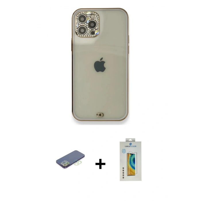 MARSİLYAN™- iPhone 12 Pro Kılıf Eksen Minimal Koleksiyonu - Siyah Polymer Nano Ekran Koruyucu + Renkli Kamera Lens Koruma Cam - YL