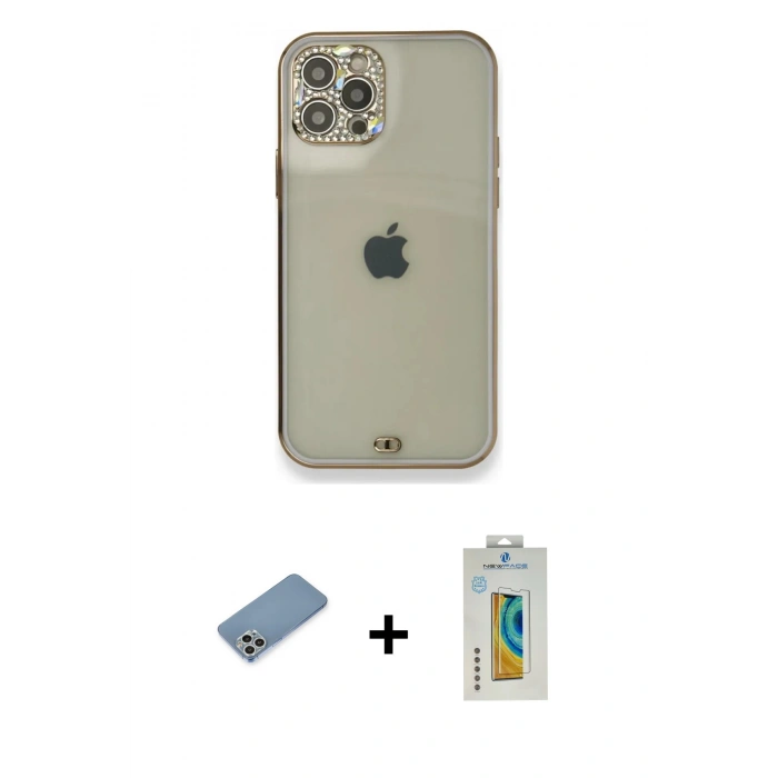 MARSİLYAN™- iPhone 12 Pro Kılıf Eksen Minimal Koleksiyonu - Siyah Polymer Nano Ekran Koruyucu + Shine Kamera Lens Koruma Cam - GS