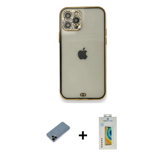 MARSİLYAN™- iPhone 12 Pro Kılıf Eksen Minimal Koleksiyonu - Siyah Polymer Nano Ekran Koruyucu + Shine Kamera Lens Koruma Cam - SH