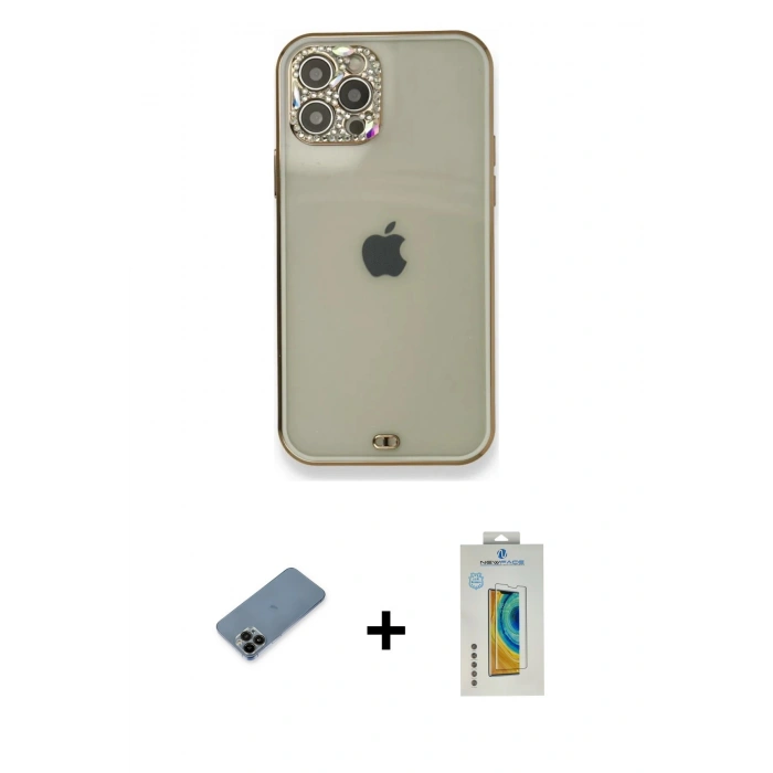 MARSİLYAN™- iPhone 12 Pro Kılıf Eksen Minimal Koleksiyonu - Siyah Polymer Nano Ekran Koruyucu + Shine Kamera Lens Koruma Cam - SH