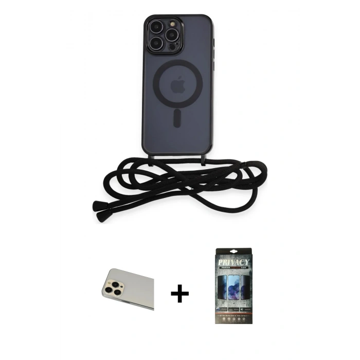 MARSİLYAN™- iPhone 12 Pro Kılıf Eksen Özel Seri - Siyah 34D Hayalet Izgaralı Cam + Gold Rainbow Kamera Lens Koruma Cam