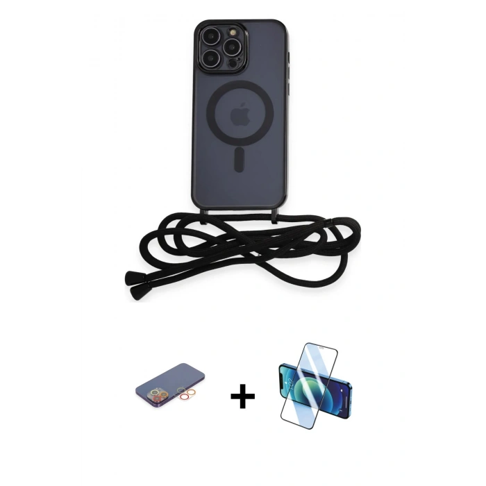 MARSİLYAN™- iPhone 12 Pro Kılıf Eksen Özel Seri - Siyah 3D Antistatik Cam Ekran Koruyucu + Renkli Kamera Lens Koruma Cam - TU