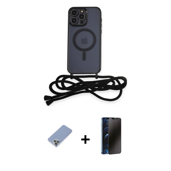 MARSİLYAN™- iPhone 12 Pro Kılıf Eksen Özel Seri - Siyah 3D Antistatik Hayalet Cam Ekran Koruyucu + Metal Kamera Lens Koruma Cam - KUYL