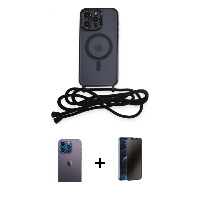 MARSİLYAN™- iPhone 12 Pro Kılıf Eksen Özel Seri - Siyah 3D Antistatik Hayalet Cam Ekran Koruyucu + Neon Fosforlu Kamera Lens - MI