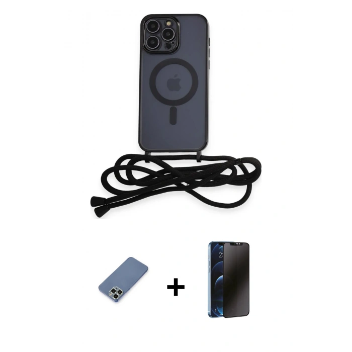 MARSİLYAN™- iPhone 12 Pro Kılıf Eksen Özel Seri - Siyah 3D Antistatik Hayalet Cam Ekran Koruyucu + Metal Kamera Lens Koruma Cam - AKYL