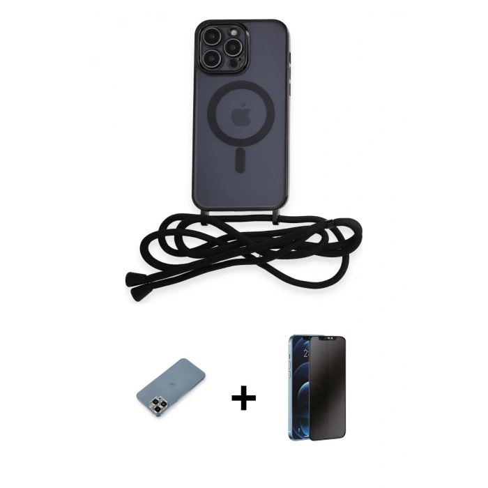 MARSİLYAN™- iPhone 12 Pro Kılıf Eksen Özel Seri - Siyah 3D Antistatik Hayalet Cam Ekran Koruyucu + Metal Kamera Lens Koruma Cam - MR
