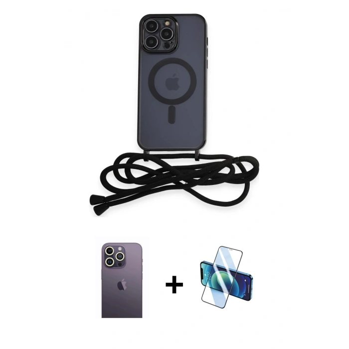 MARSİLYAN™- iPhone 12 Pro Kılıf Eksen Özel Seri - Siyah 3D Antistatik Seramik Nano Ekran Koruyucu + Neon Fosforlu Kamera Lens - BZ