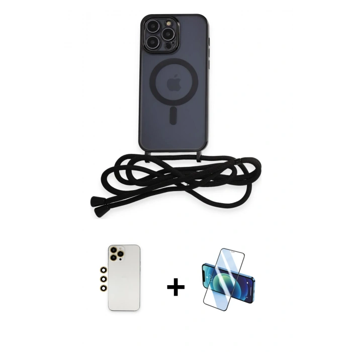MARSİLYAN™- iPhone 12 Pro Kılıf Eksen Özel Seri - Siyah 3D Antistatik Seramik Nano Ekran Koruyucu + Gold Shine Kamera Lens