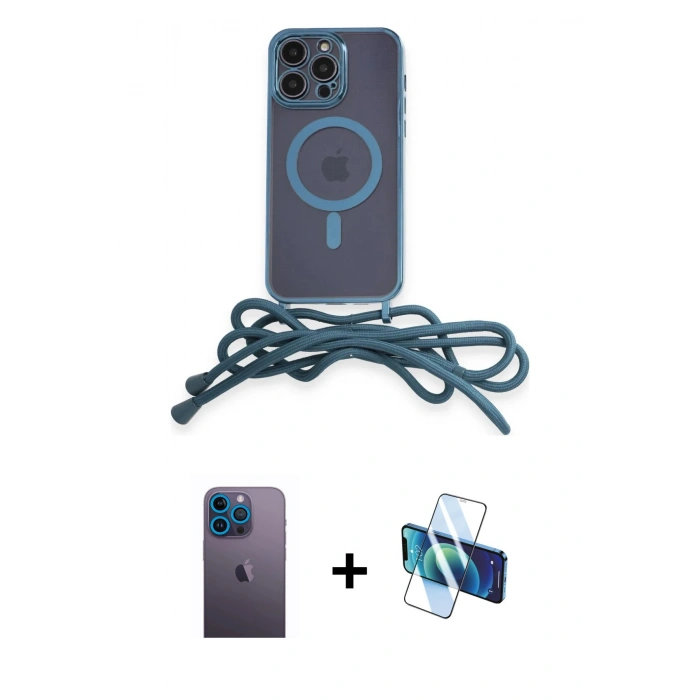 MARSİLYAN™- iPhone 12 Pro Kılıf Eksen Özel Seri - Siyah 3D Antistatik Seramik Nano Ekran Koruyucu + Mavi Neon Fosforlu Kamera Lens