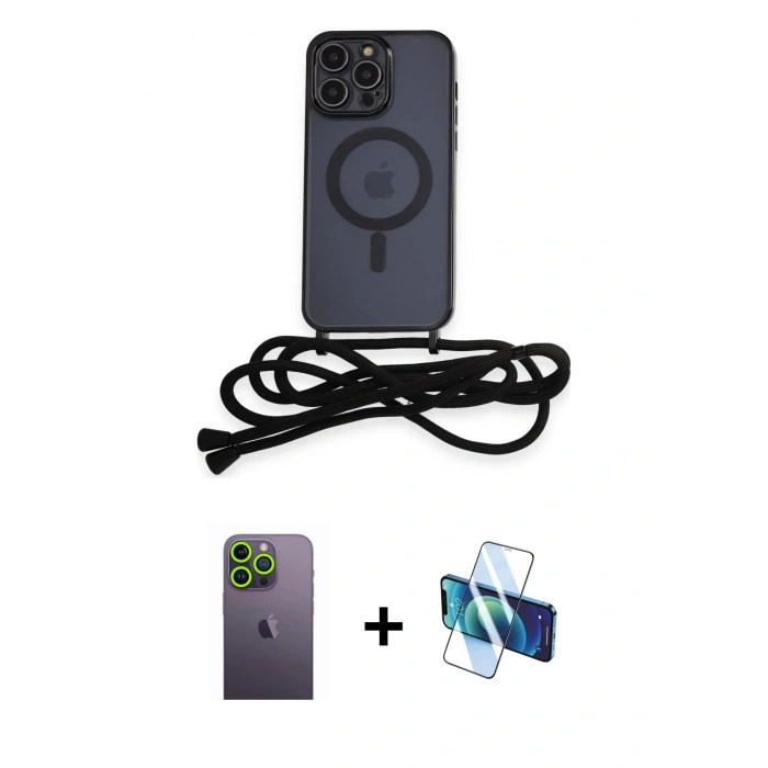 MARSİLYAN™- iPhone 12 Pro Kılıf Eksen Özel Seri - Siyah 3D Antistatik Seramik Nano Ekran Koruyucu + Neon Fosforlu Kamera Lens - YL