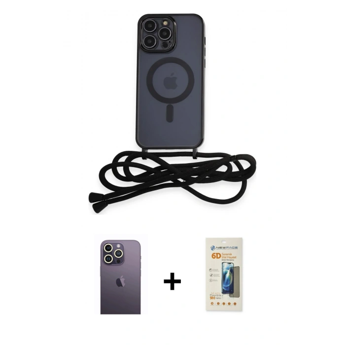 MARSİLYAN™- iPhone 12 Pro Kılıf Eksen Özel Seri - Siyah 6D Mat Seramik Hayalet Nano Ekran Koruyucu + Neon Fosforlu Kamera Lens - BZ