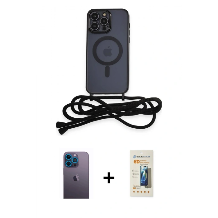 MARSİLYAN™- iPhone 12 Pro Kılıf Eksen Özel Seri - Siyah 6D Mat Seramik Hayalet Nano Ekran Koruyucu + Neon Fosforlu Kamera Lens - MI
