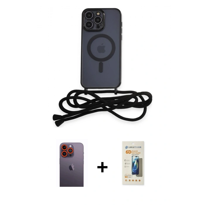 MARSİLYAN™- iPhone 12 Pro Kılıf Eksen Özel Seri - Siyah 6D Mat Seramik Hayalet Nano Ekran Koruyucu + Turuncu Neon Fosforlu Kamera Lens
