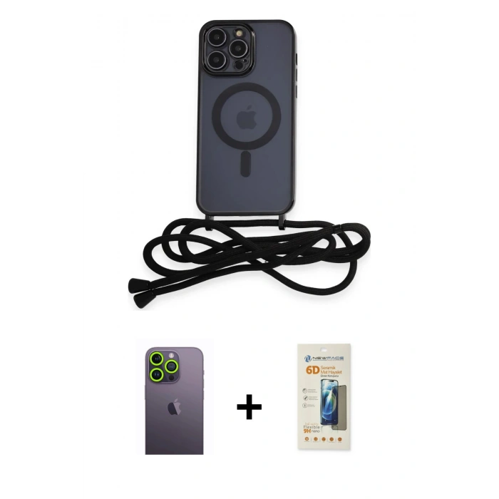 MARSİLYAN™- iPhone 12 Pro Kılıf Eksen Özel Seri - Siyah 6D Mat Seramik Hayalet Nano Ekran Koruyucu + Neon Fosforlu Kamera Lens - YL