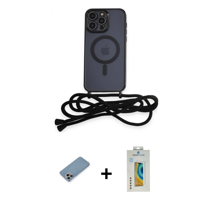 MARSİLYAN™- iPhone 12 Pro Kılıf Eksen Özel Seri - Siyah Polymer Nano Ekran Koruyucu + Gökkuşağı Shine Kamera Lens Koruma Cam