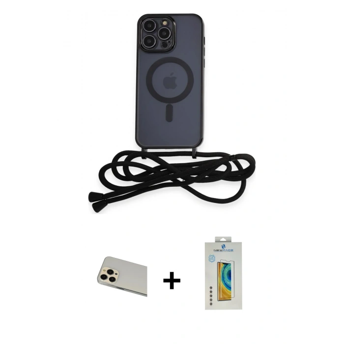 MARSİLYAN™- iPhone 12 Pro Kılıf Eksen Özel Seri - Siyah Polymer Nano Ekran Koruyucu + Rainbow Kamera Lens Koruma Cam - GD
