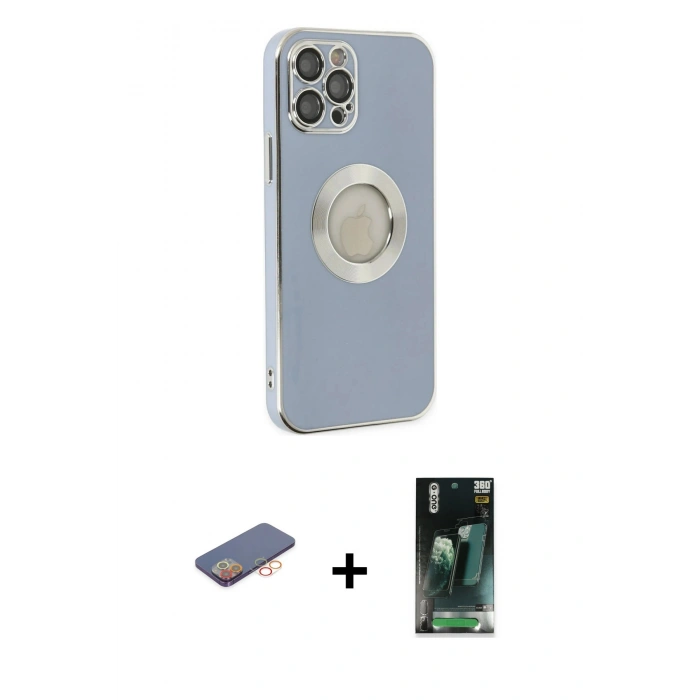 MARSİLYAN™- iPhone 12 Pro Kılıf İz Form Serisi - Şeffaf 360 Full Body Arka Koruyucu + Renkli Kamera Lens Koruma Cam - TU