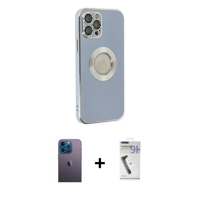 MARSİLYAN™- iPhone 12 Pro Kılıf İz Form Serisi - Şeffaf Uv Polymer Nano Ekran Koruyucu + Mavi Neon Fosforlu Kamera Lens