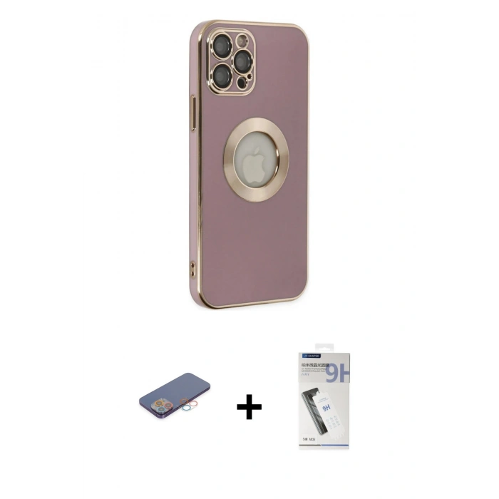 MARSİLYAN™- iPhone 12 Pro Kılıf İz Form Serisi - Şeffaf Uv Polymer Nano Ekran Koruyucu + Renkli Kamera Lens Koruma Cam - PE