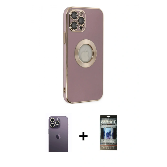 MARSİLYAN™- iPhone 12 Pro Kılıf İz Form Serisi - Siyah 34D Hayalet Izgaralı Cam + Neon Fosforlu Kamera Lens - BZ