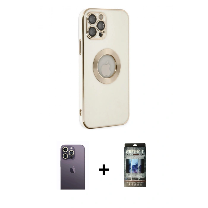 MARSİLYAN™- iPhone 12 Pro Kılıf İz Form Serisi - Siyah 34D Hayalet Izgaralı Cam + Neon Fosforlu Kamera Lens - BZ