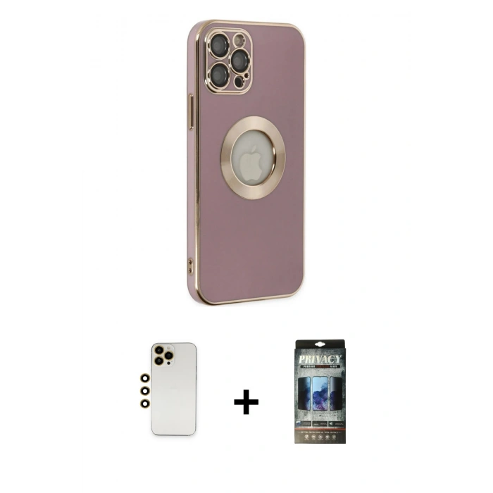 MARSİLYAN™- iPhone 12 Pro Kılıf İz Form Serisi - Siyah 34D Hayalet Izgaralı Cam + Shine Kamera Lens - GD