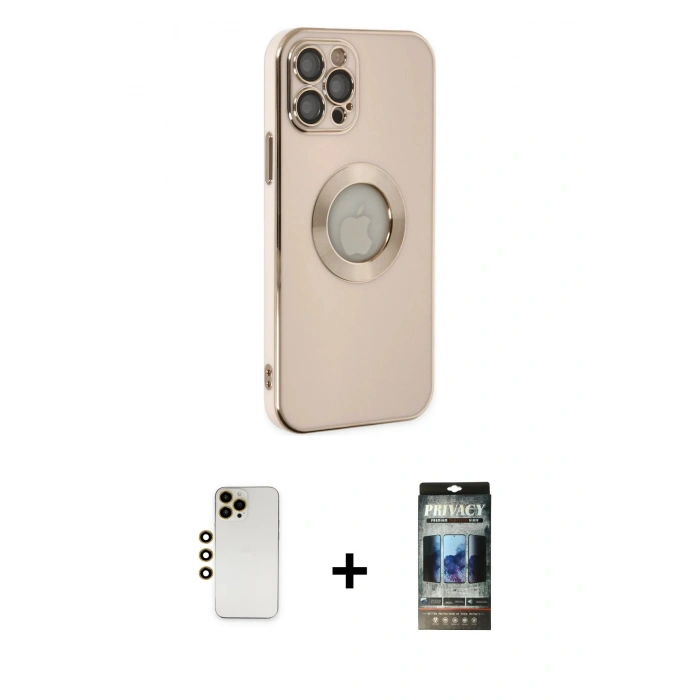 MARSİLYAN™- iPhone 12 Pro Kılıf İz Form Serisi - Siyah 34D Hayalet Izgaralı Cam + Shine Kamera Lens - GD