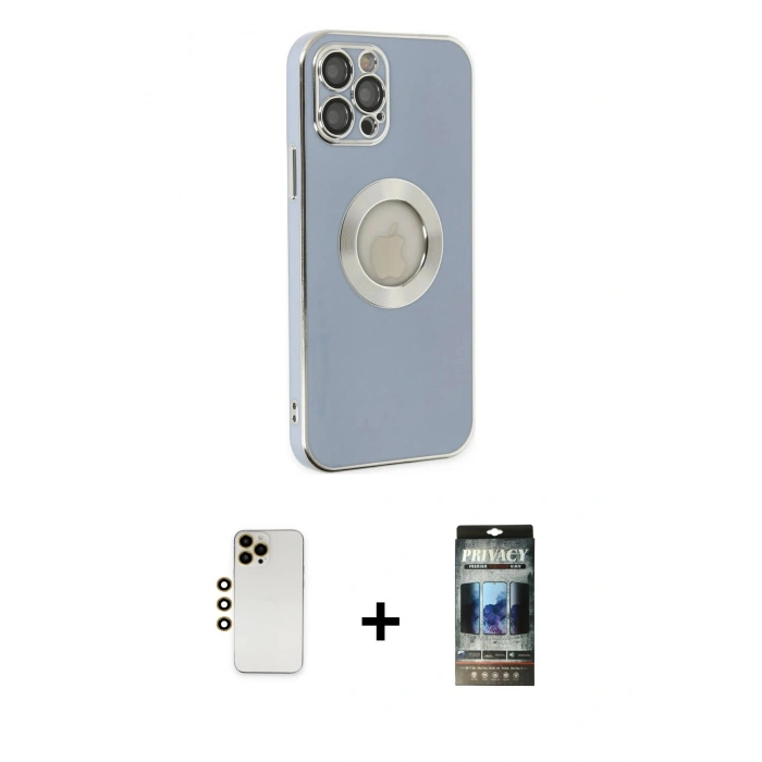 MARSİLYAN™- iPhone 12 Pro Kılıf İz Form Serisi - Siyah 34D Hayalet Izgaralı Cam + Shine Kamera Lens - GD