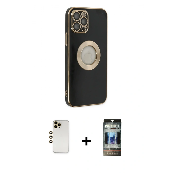 MARSİLYAN™- iPhone 12 Pro Kılıf İz Form Serisi - Siyah 34D Hayalet Izgaralı Cam + Shine Kamera Lens - GD