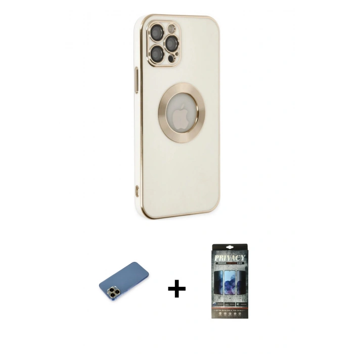 MARSİLYAN™- iPhone 12 Pro Kılıf İz Form Serisi - Siyah 34D Hayalet Izgaralı Cam + Shine Kamera Lens Koruma Cam - GD