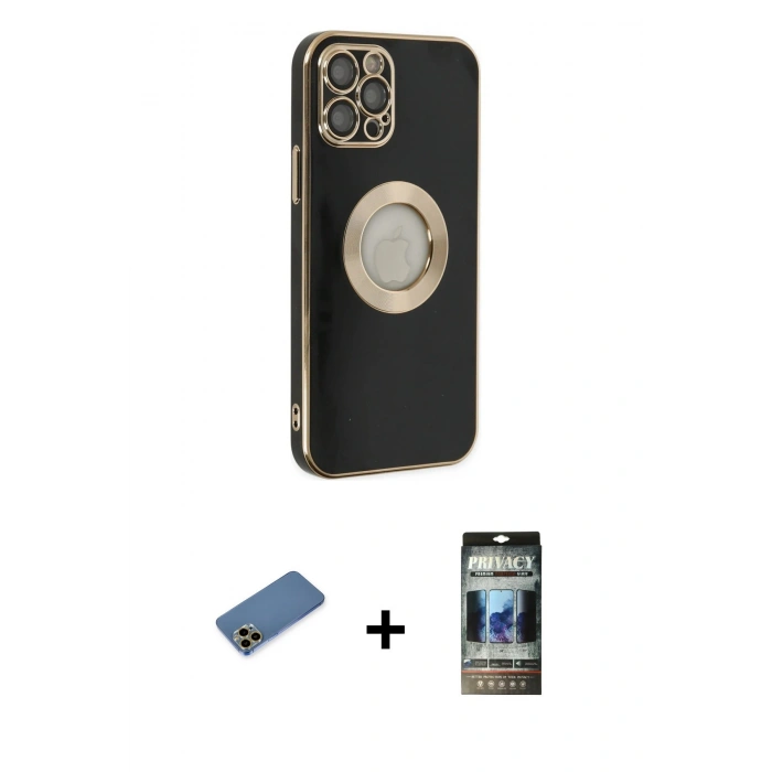 MARSİLYAN™- iPhone 12 Pro Kılıf İz Form Serisi - Siyah 34D Hayalet Izgaralı Cam + Shine Kamera Lens Koruma Cam - GD