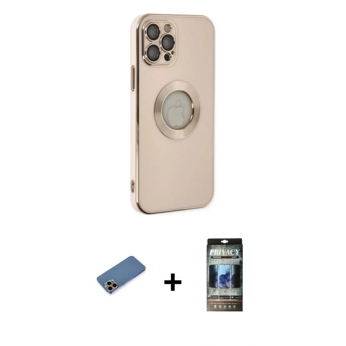 MARSİLYAN™- iPhone 12 Pro Kılıf İz Form Serisi - Siyah 34D Hayalet Izgaralı Cam + Shine Kamera Lens Koruma Cam - GD