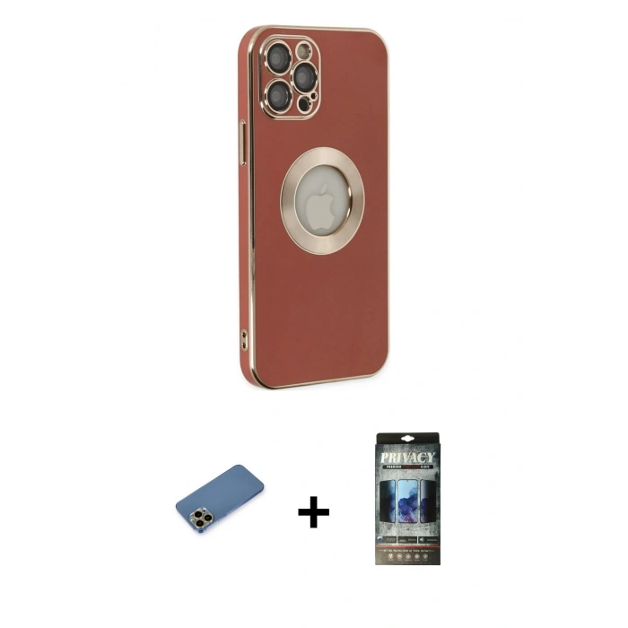 MARSİLYAN™- iPhone 12 Pro Kılıf İz Form Serisi - Siyah 34D Hayalet Izgaralı Cam + Shine Kamera Lens Koruma Cam - GD