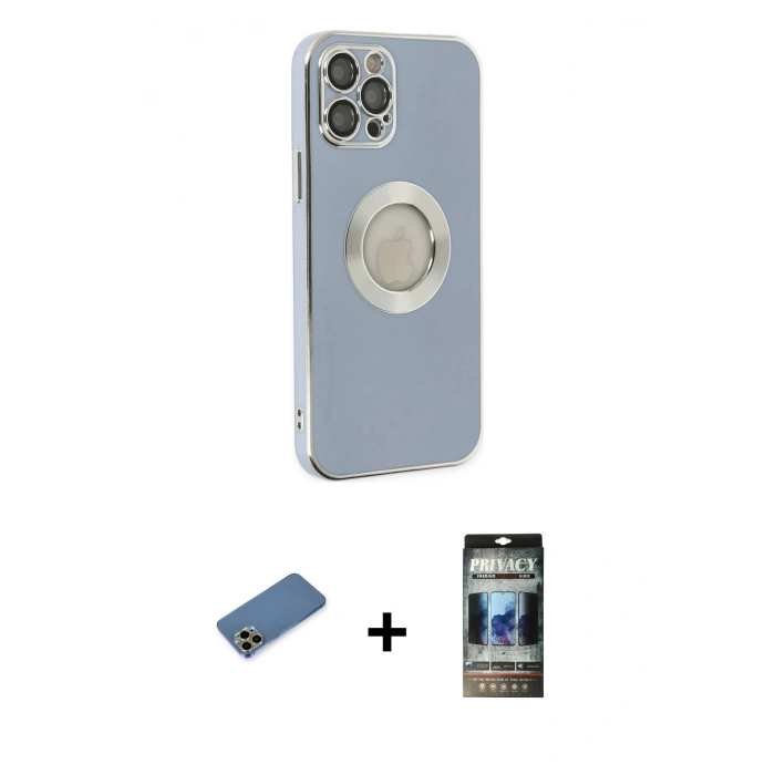 MARSİLYAN™- iPhone 12 Pro Kılıf İz Form Serisi - Siyah 34D Hayalet Izgaralı Cam + Shine Kamera Lens Koruma Cam - GD