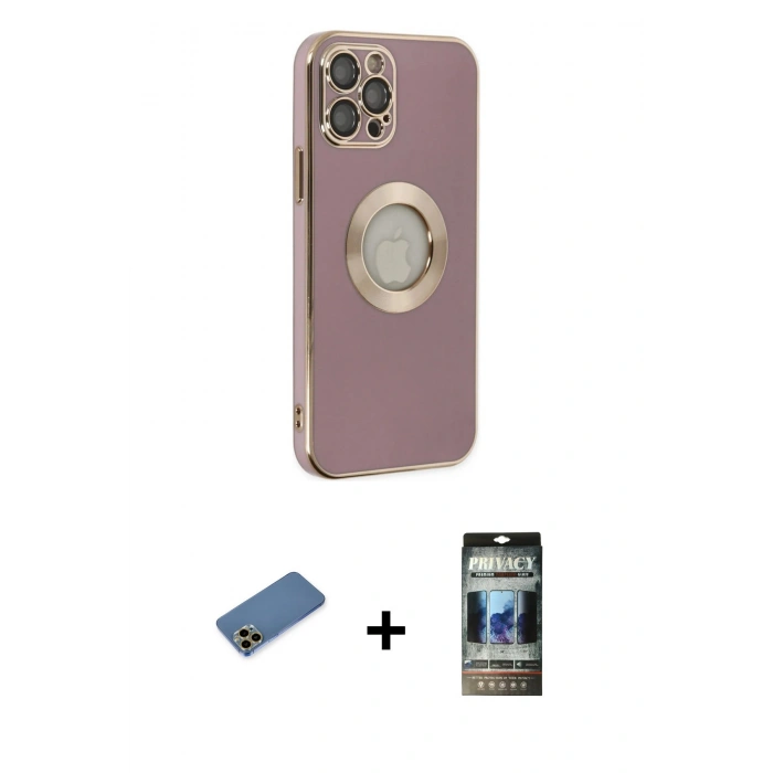 MARSİLYAN™- iPhone 12 Pro Kılıf İz Form Serisi - Siyah 34D Hayalet Izgaralı Cam + Shine Kamera Lens Koruma Cam - GD