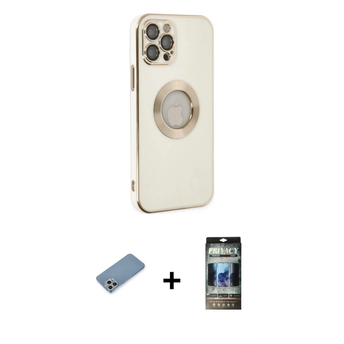 MARSİLYAN™- iPhone 12 Pro Kılıf İz Form Serisi - Siyah 34D Hayalet Izgaralı Cam + Shine Kamera Lens Koruma Cam - GS