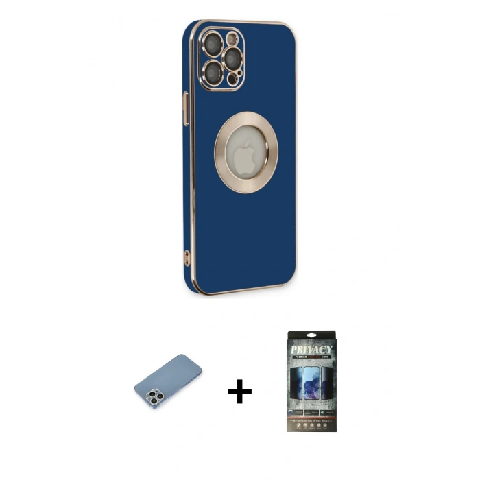 MARSİLYAN™- iPhone 12 Pro Kılıf İz Form Serisi - Siyah 34D Hayalet Izgaralı Cam + Shine Kamera Lens Koruma Cam - GS