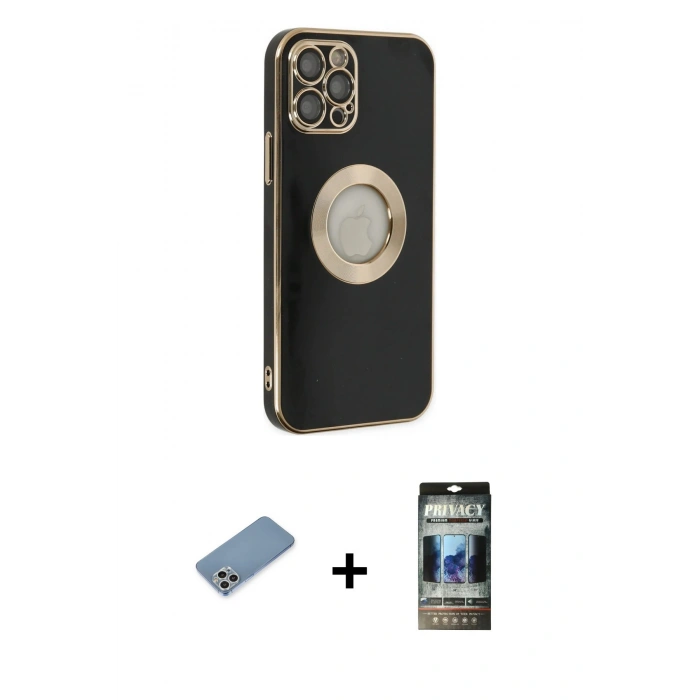 MARSİLYAN™- iPhone 12 Pro Kılıf İz Form Serisi - Siyah 34D Hayalet Izgaralı Cam + Shine Kamera Lens Koruma Cam - GS