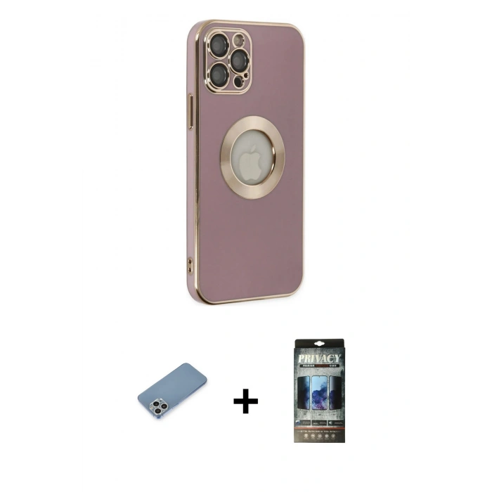 MARSİLYAN™- iPhone 12 Pro Kılıf İz Form Serisi - Siyah 34D Hayalet Izgaralı Cam + Shine Kamera Lens Koruma Cam - GS