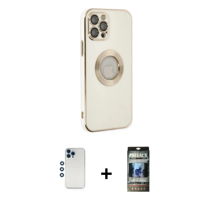 MARSİLYAN™- iPhone 12 Pro Kılıf İz Form Serisi - Siyah 34D Hayalet Izgaralı Cam + Shine Kamera Lens - MI