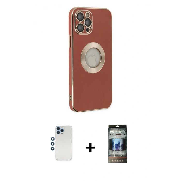 MARSİLYAN™- iPhone 12 Pro Kılıf İz Form Serisi - Siyah 34D Hayalet Izgaralı Cam + Shine Kamera Lens - MI