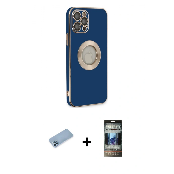 MARSİLYAN™- iPhone 12 Pro Kılıf İz Form Serisi - Siyah 34D Hayalet Izgaralı Cam + Shine Kamera Lens Koruma Cam - MI