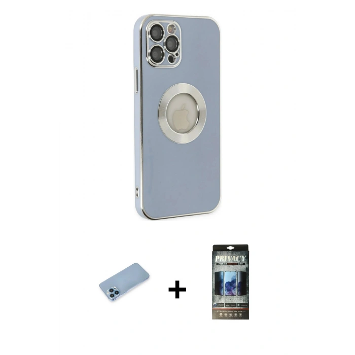 MARSİLYAN™- iPhone 12 Pro Kılıf İz Form Serisi - Siyah 34D Hayalet Izgaralı Cam + Shine Kamera Lens Koruma Cam - MI