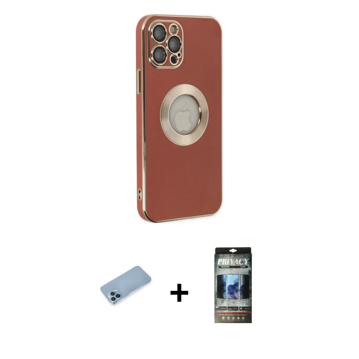MARSİLYAN™- iPhone 12 Pro Kılıf İz Form Serisi - Siyah 34D Hayalet Izgaralı Cam + Shine Kamera Lens Koruma Cam - MI