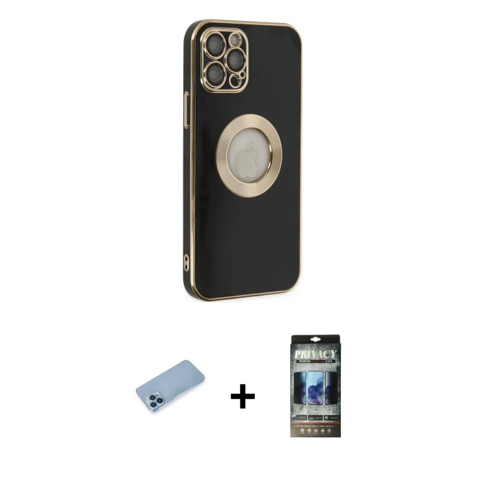MARSİLYAN™- iPhone 12 Pro Kılıf İz Form Serisi - Siyah 34D Hayalet Izgaralı Cam + Shine Kamera Lens Koruma Cam - MI