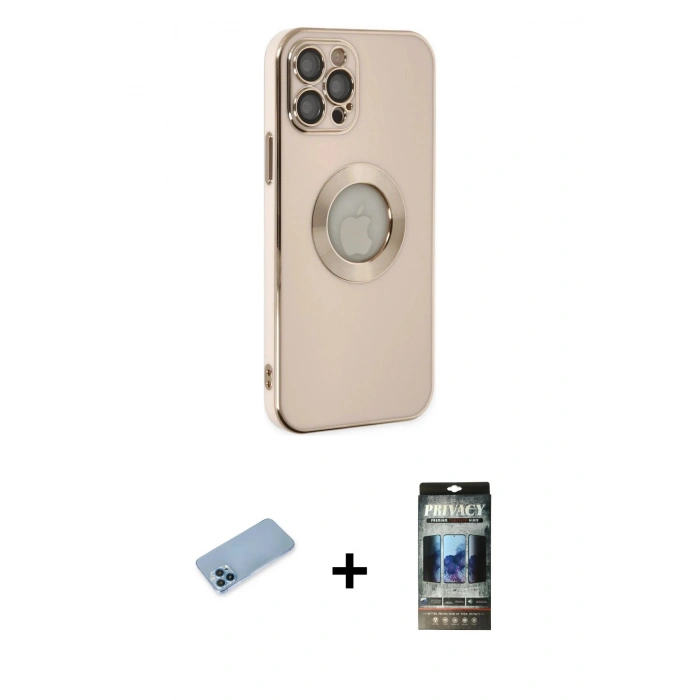MARSİLYAN™- iPhone 12 Pro Kılıf İz Form Serisi - Siyah 34D Hayalet Izgaralı Cam + Shine Kamera Lens Koruma Cam - MI