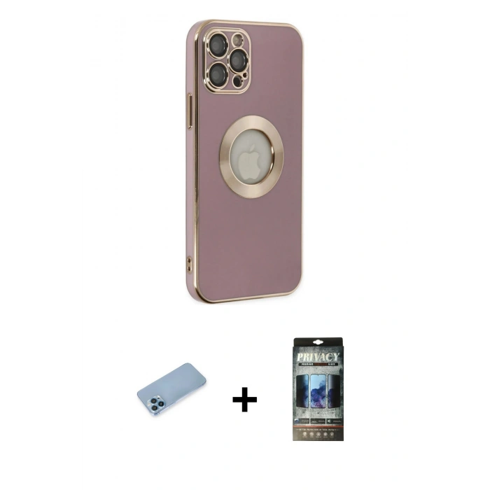 MARSİLYAN™- iPhone 12 Pro Kılıf İz Form Serisi - Siyah 34D Hayalet Izgaralı Cam + Shine Kamera Lens Koruma Cam - MI